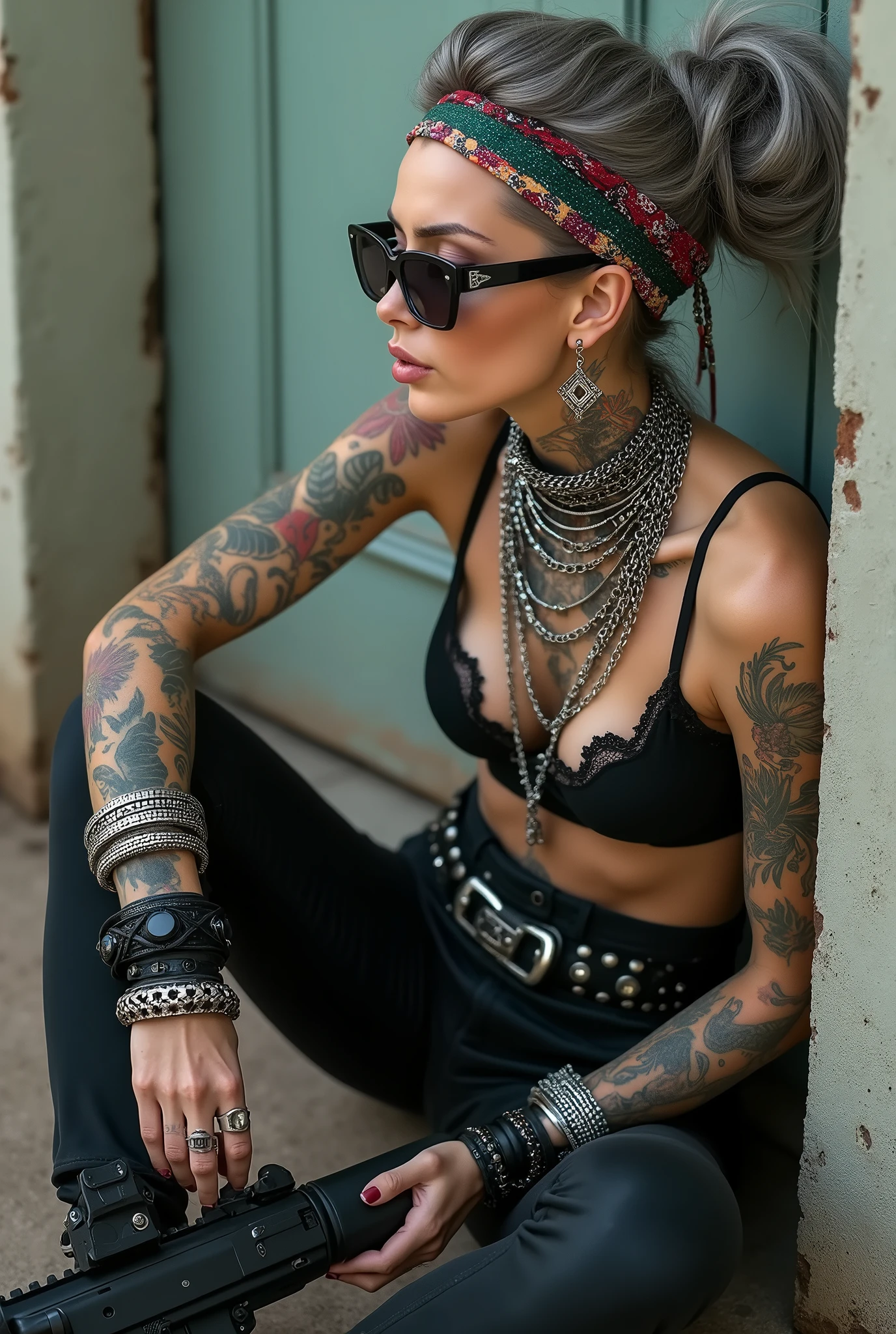 russian milf woman, grey hair (bouffant, top bun) and oversized square sunglasses and wide colourful bandana as headband, with very light green eyes, extremely pale. Big lips. Black lace push up bra, silicone breast,, black skinny leggings. Flip flops. Lots of thick wide studded bracelets, chain collars and big rings,. Additional crossed loose belts,. Long earrings with chains and feathers. Sitting on the ground with legs apart and back leaning against a corner, in a laid back, lazy pose. Neck, chest, stomach and wrists heavily tattoed. Toned abdominals, thin neck, slim legs and thin arms. Narrow hips and long legs. Exhausted, sleeping with mouth open and tilted face.. Seen from above. AR15 on her lap