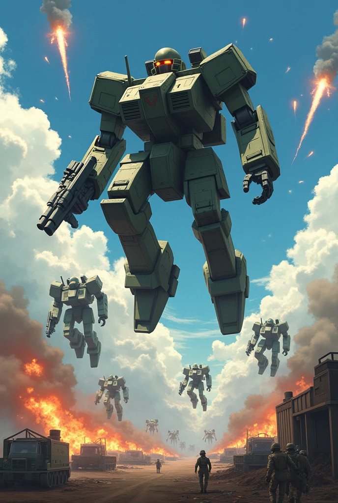 (militaristic artistry, attention to detail of mechanic, realistic ambient, 90s era war Japanese anime style), A cinematic action scene depicts mech units deploying from the sky via parachutes. Several military mech units, suspended in the air, fire their weapons toward enemies on the ground. The sky is filled with anti-aircraft rounds and surface-to-air missiles, destroying mech units mid-descent.The scene is intense and chaotic, with explosions lighting up the sky as the mechs descend. On the ground, enemy forces scramble to reposition their defenses, caught off guard by the aerial assault. Despite heavy losses, the surviving mech units press on, determined to establish a foothold and turn the tide of battle. 