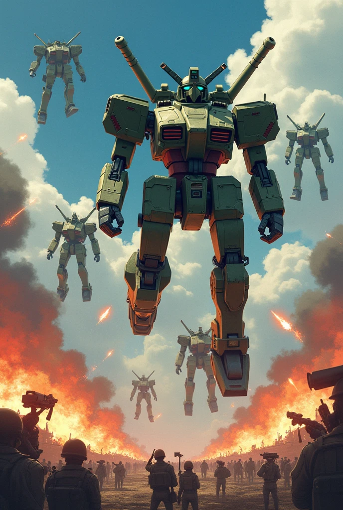 (militaristic artistry, attention to detail of mechanic, realistic ambient, 90s era war Japanese anime style), A cinematic action scene depicts mech units deploying from the sky via parachutes. Several military mech units, suspended in the air, fire their weapons toward enemies on the ground. The sky is filled with anti-aircraft rounds and surface-to-air missiles, destroying mech units mid-descent.The scene is intense and chaotic, with explosions lighting up the sky as the mechs descend. On the ground, enemy forces scramble to reposition their defenses, caught off guard by the aerial assault. Despite heavy losses, the surviving mech units press on, determined to establish a foothold and turn the tide of battle.