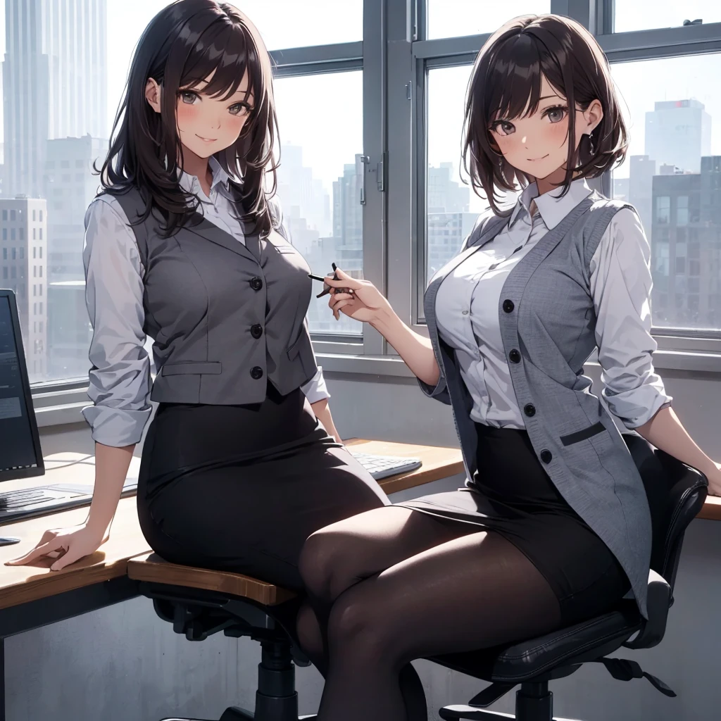 1lady sitting (crossed legs), office worker (stylish outfit), (gray vest) (pencil skirt), mature female, /(dark brown hair/) bangs, blush kind smile, (masterpiece best quality:1.2) delicate illustration ultra-detailed, large breasts, pantyhose BREAK (modern office indoors), window cityscape, detailed background