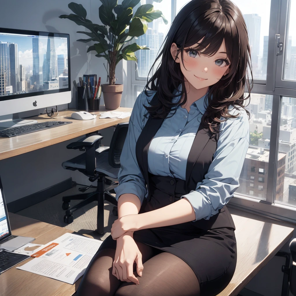 1lady sitting (crossed legs), office worker (stylish outfit), (gray vest) (pencil skirt), mature female, /(dark brown hair/) bangs, blush kind smile, (masterpiece best quality:1.2) delicate illustration ultra-detailed, large breasts, pantyhose BREAK (modern office indoors), window cityscape, detailed background