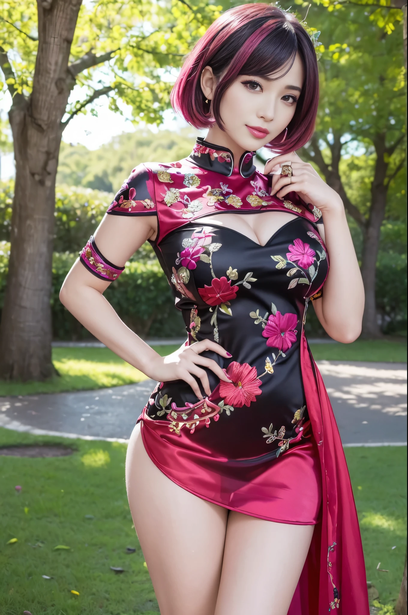 (masterpiece:1.4), (best quality:1.4), ultra high res, ultra high resolution, ((detailed facial features)), HDR, (realistic, photorealistic, photo-realistic:1.37), full body Esbian, sexy Thai model, (-anime), vivid colors, ((vivid colors multicolor (red, fuchsia) very short hair)), (happy smile), lip-gloss, long lashes, ultra detailed metallic makeup, defined eyebrows, wearing large sparkling colorful jewelery, (wearing a red silk Paradise Kiss cosplay dress with black floral embroidery), ((vivid colors outfit)), vivid colors, look at the camera, cinematic light, large park background with trees, sweet and sexy pose