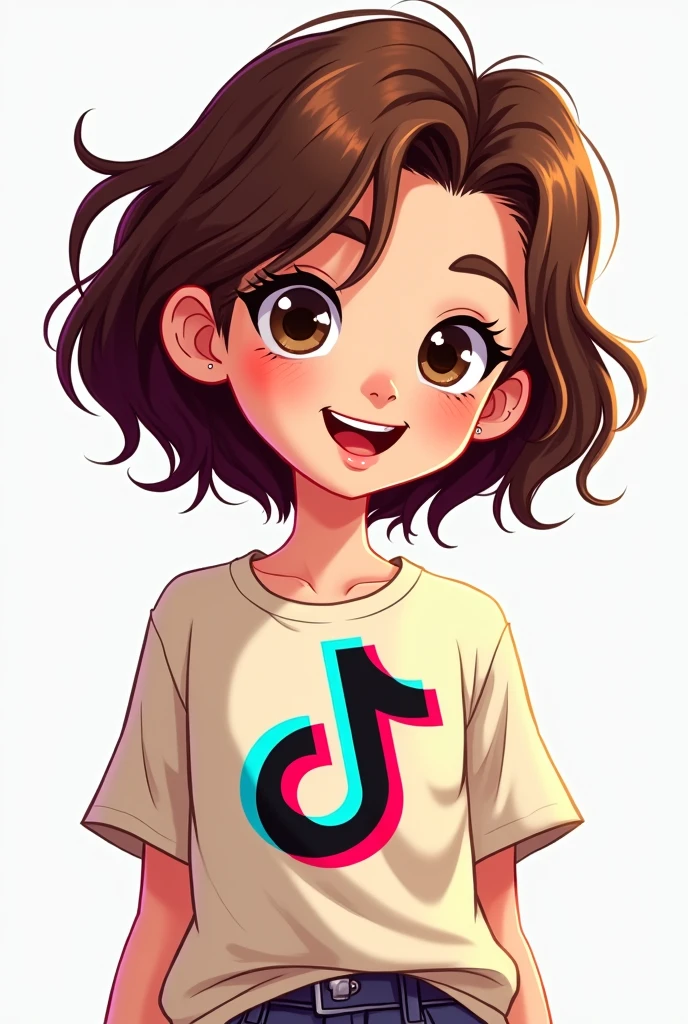 Cartoon drawing of a white girl with short brown hair who has the tiktok logo on her t-shirt, WhatsApp Instagram, Facebook and YouTube 