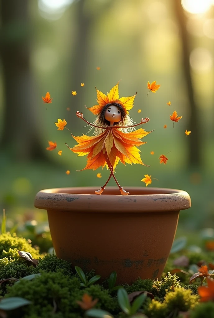 A whimsical miniature figure composed of delicately arranged autumn leaves, dancing on the rim of a weathered, moss-covered terracotta pot, set against a lush forest backdrop with dappled sunlight filtering through the canopy, casting intricate shadows, in warm earthy tones of sienna, umber, olive green, with hints of emerald and golden light, evoking wonder and enchantment.