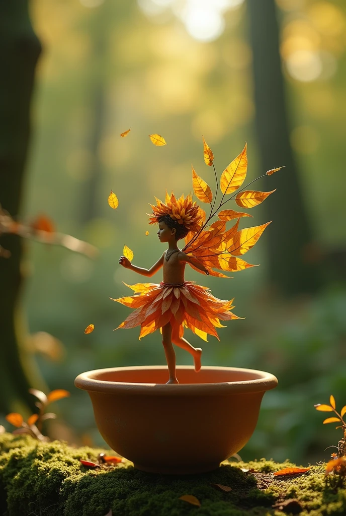 A whimsical miniature figure composed of delicately arranged autumn leaves, dancing on the rim of a weathered, moss-covered terracotta pot, set against a lush forest backdrop with dappled sunlight filtering through the canopy, casting intricate shadows, in warm earthy tones of sienna, umber, olive green, with hints of emerald and golden light, evoking wonder and enchantment.