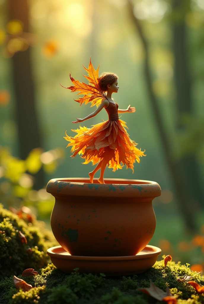A whimsical miniature figure composed of delicately arranged autumn leaves, dancing on the rim of a weathered, moss-covered terracotta pot, set against a lush forest backdrop with dappled sunlight filtering through the canopy, casting intricate shadows, in warm earthy tones of sienna, umber, olive green, with hints of emerald and golden light, evoking wonder and enchantment.
