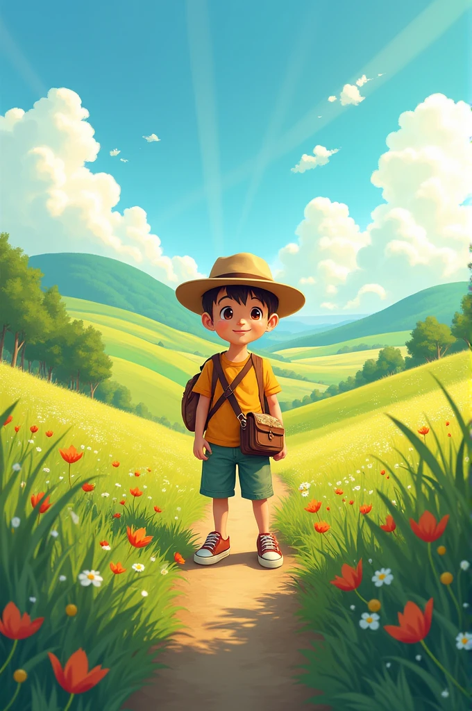 Drawing of a boy with a cross-body bag, with hat, under a radiant sun in the countryside