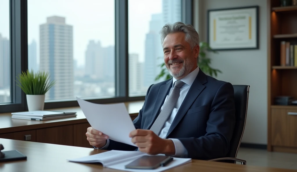 A professional in his office with a satisfied smile on his knees, Reviewing your insurance policy.