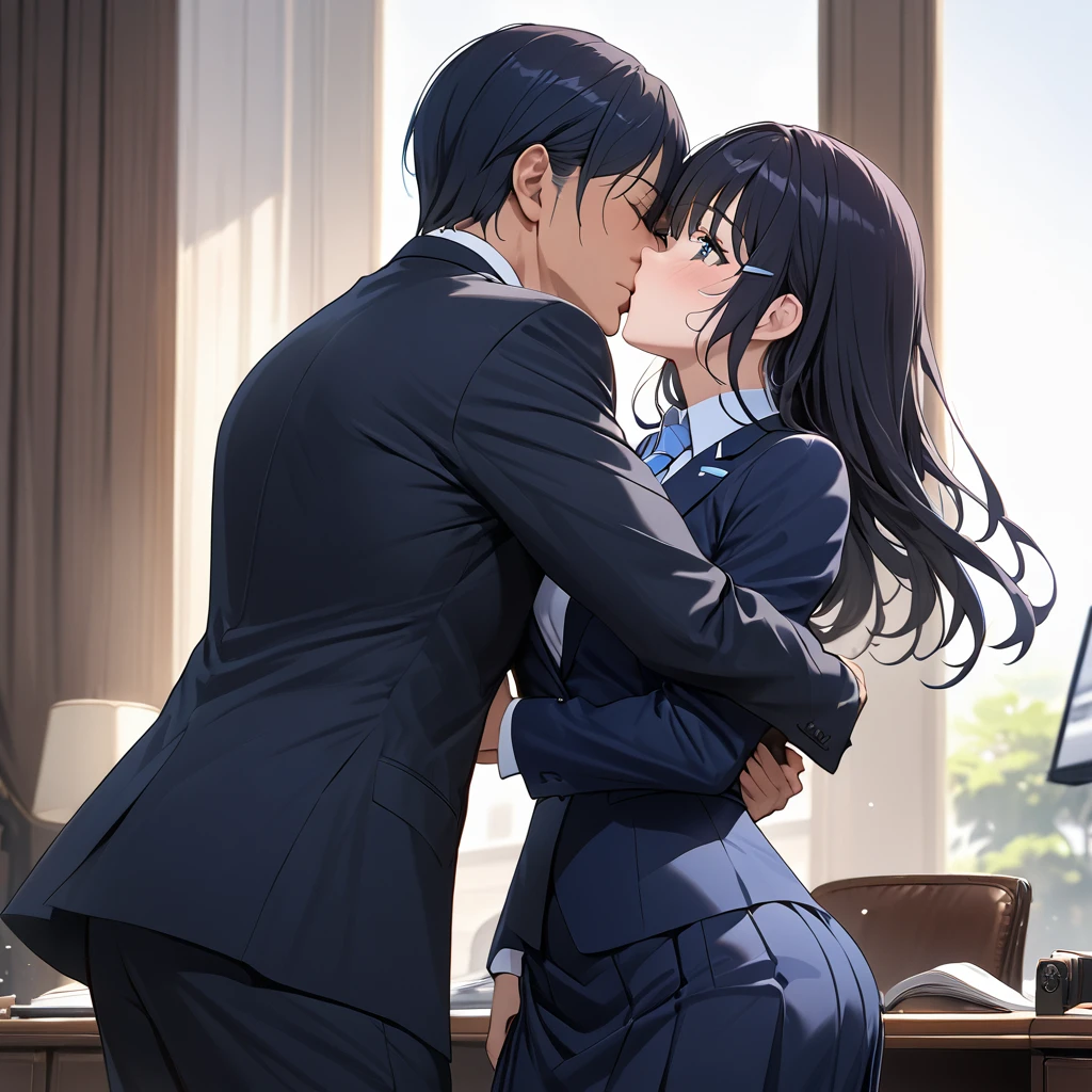 ((Highest quality)), ((masterpiece)), (detailed), （Perfect Face）、The woman is Reika Aoki with semi-long hair、The woman is a secretary to the president of a large company, wearing a high-class suit and a high-class long tight skirt, and is embraced, kissed and loved by the president.