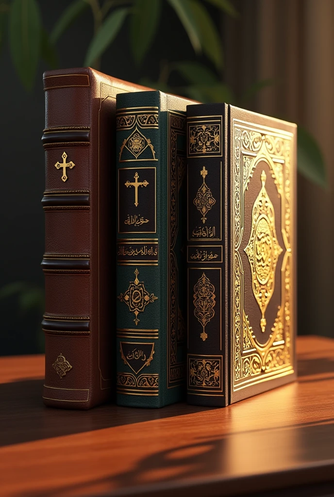 Create an image featuring three ancient and sacred texts: the Bible, the Quran, and the Kebra Nagast. The Bible should have a worn, leather-bound cover with a visible cross, the Quran should be adorned with intricate golden calligraphy and an ornate cover, and the Kebra Nagast should have an Ethiopian-inspired design with rich patterns and symbols. Arrange the books side by side on a wooden table, with soft, warm lighting casting gentle shadows, emphasizing the cultural and spiritual significance of each text.