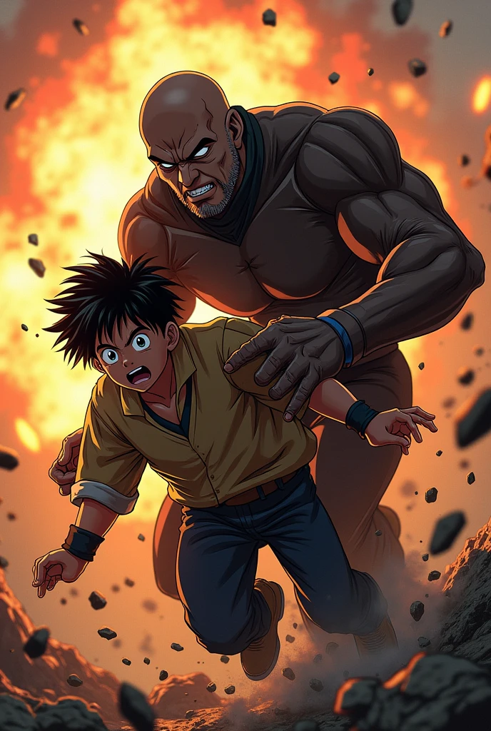 Zamas holding Goten by the collar of his shirt, saving him from an explosion, the two fled.
