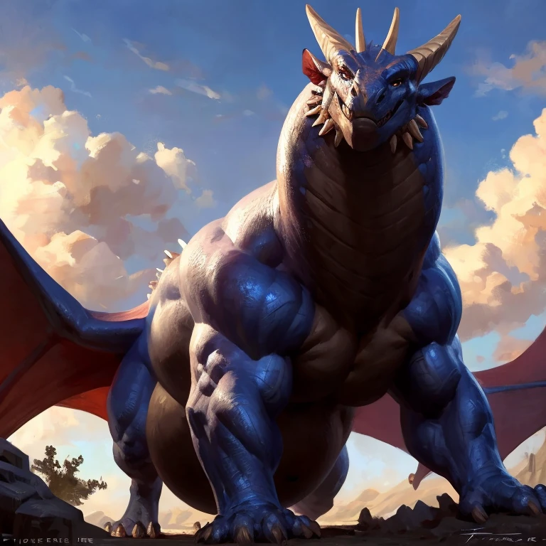 Detailed painting, by Taran Fiddler, closeup, outlook view, wide angle, dragoness, full body, feral, dainty, friendly, colorful, rounded snout, wings, pregnant-like belly, round belly, dominant belly, huge belly, bloated belly, big muscles, wide body, thick body muscles, powerfull muscles, beefy muscles, thick neck, beefy neck, tall, voracious, glutonous, enormous, giant, gigantic, colosssal size, gargantuan, kaiju, powerfull look, badass look, looking at viewer
