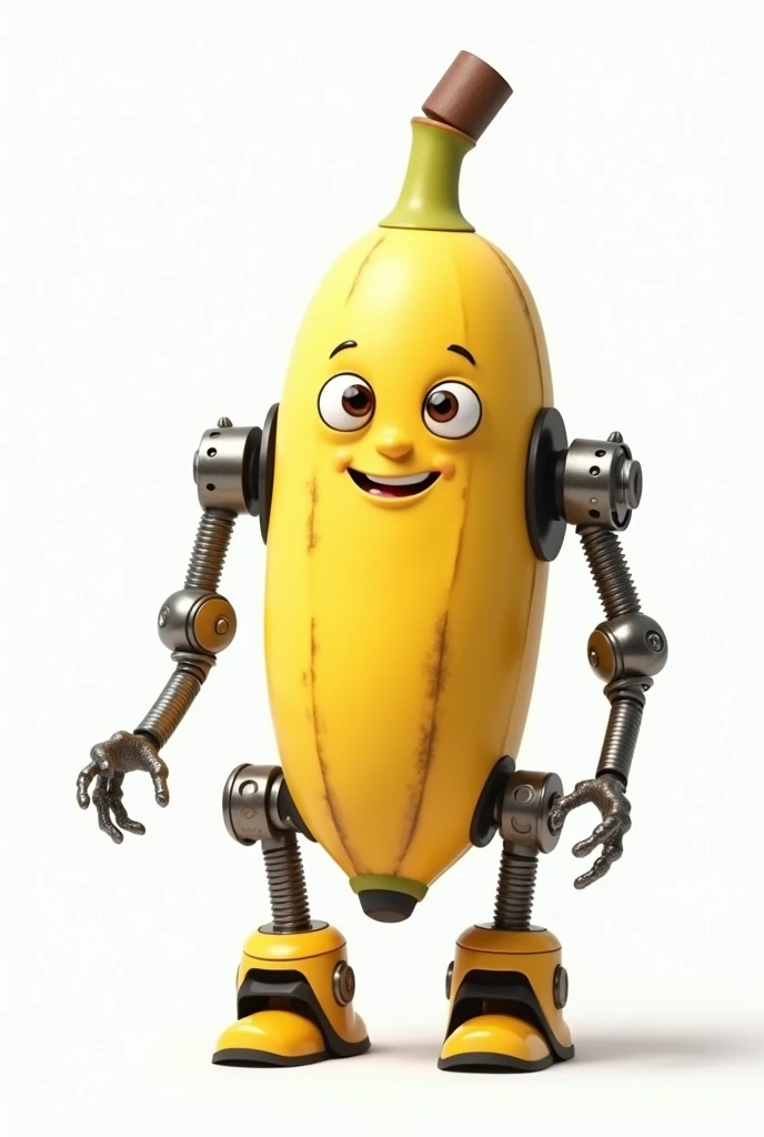 Drawing of a banana that looks like a cute robot on a white background with mechanical legs and arms