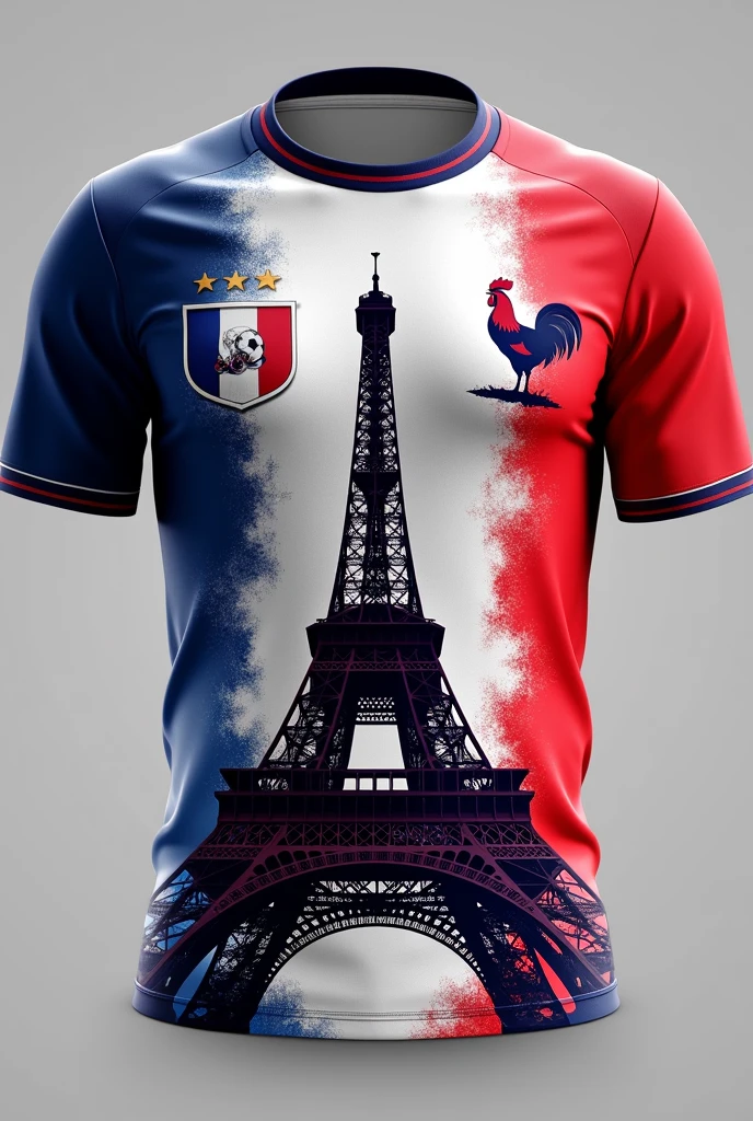 Make me a sports shirt from France of the wonder of the world, the Eiffel Tower, with the number on the right chest of the shirt and the rooster on the left chest of the shirt.