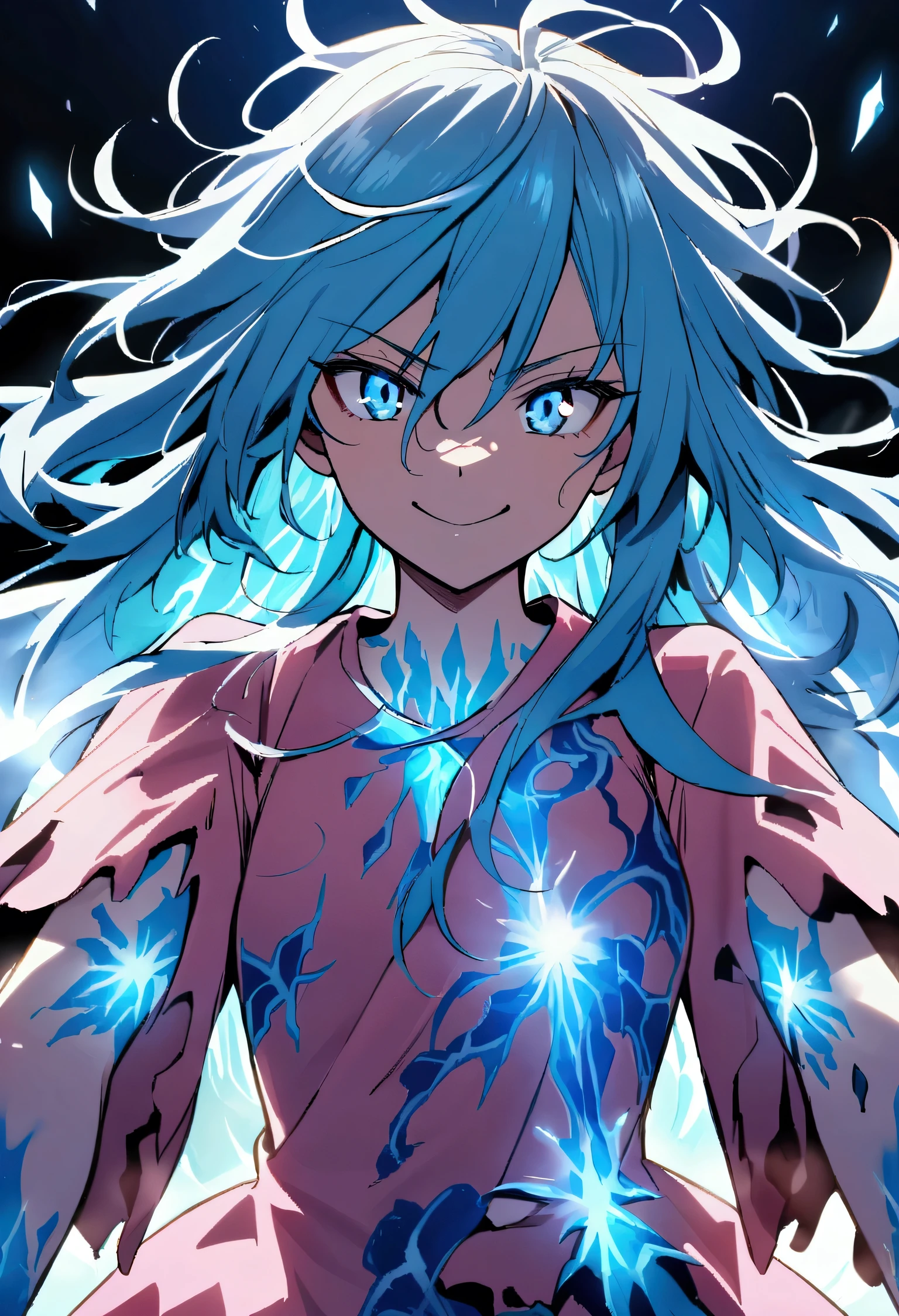 age girl, Messy hair, long hair, bright light blue hair, excited smile, serious face, shining blue eyes, ripped wide pink shirt, many blue tattoos on the body, intense ice aura around the character.