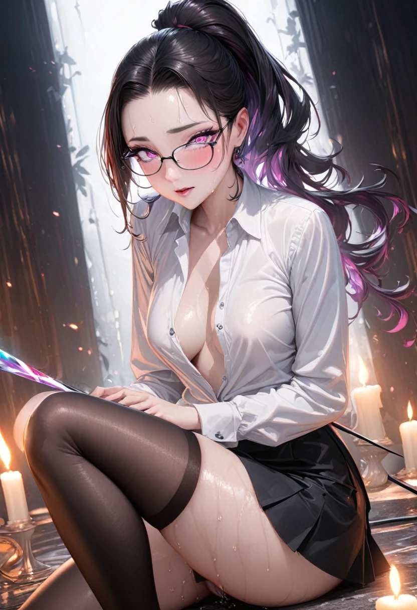 Intelligent beauty, glasses, light blue messy wavy ponytail, forehead, (attractive and seductive) and (amorous and lewd) expression, pink eyes, make-up, glamorous proportions, wearing unbuttoned white shirt, tight black mini skirt, black stockings, iridescent rapier, background dim underground prison, candlelight room, (ultra detailed, absolutely resolution, best quality:1.3), 2.5D, delicate and dynamic effects, shading effects, contrast effects, artistic, hyper, graphic CG digital art、sitting、Leg spread、No underwear、nsfw、Sweaty、Open up、Dildo、Cowgirl、Low - Angle