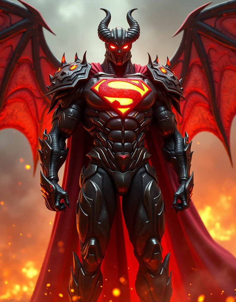 Here is a detailed point-by-point description of the image:

1. **Character Appearance**: The character is a heavily armored, demonic version of Superman, combining the iconic "S" emblem with a dark, fiery, and devilish aesthetic.

2. **Helmet**: The character is wearing a demonic helmet enhancing the menacing look. The helmet is designed with intricate, flame-like patterns that are glowing red. The eye slits are glowing with an intense, fiery orange light, giving the character an intimidating and otherworldly appearance.

3. **Armor Design**: The armor is primarily white with orange, magma-like patterns throughout. The chest piece prominently features the classic Superman "S" logo, but it’s integrated into the fiery and demonic design, making it look as if the emblem is forged from molten metal. The rest of the armor is covered in jagged, sharp details, resembling demonic flames or lava, especially on the arms and shoulders.

4. **Cape**: The character has a red cape that appears to be attached to the shoulder armor. The cape is slightly visible in the background, adding to the overall dramatic and fiery visual.

5. **Wings**: The character has large, fire flames-like wings that are spread wide behind him. These wings are fire flames accents, giving them a hellish and intimidating appearance. They appear almost leathery, with a fiery glow, matching the rest of the character's demonic theme.

6. **Background**: The background is engulfed in flames and smoke, creating a hellish atmosphere that complements the character's design. The intense red and orange tones in the background enhance the fiery elements of the armor and wings.

7. **Lighting**: The lighting in the image is dramatic, with a focus on highlighting the glowing red elements of the armor and helmet. The flames in the background also add to the overall lighting, casting a warm, fiery glow across the character.

8. **Pose**: The character is standing in a powerful and commanding pose, with fists clenched, 
