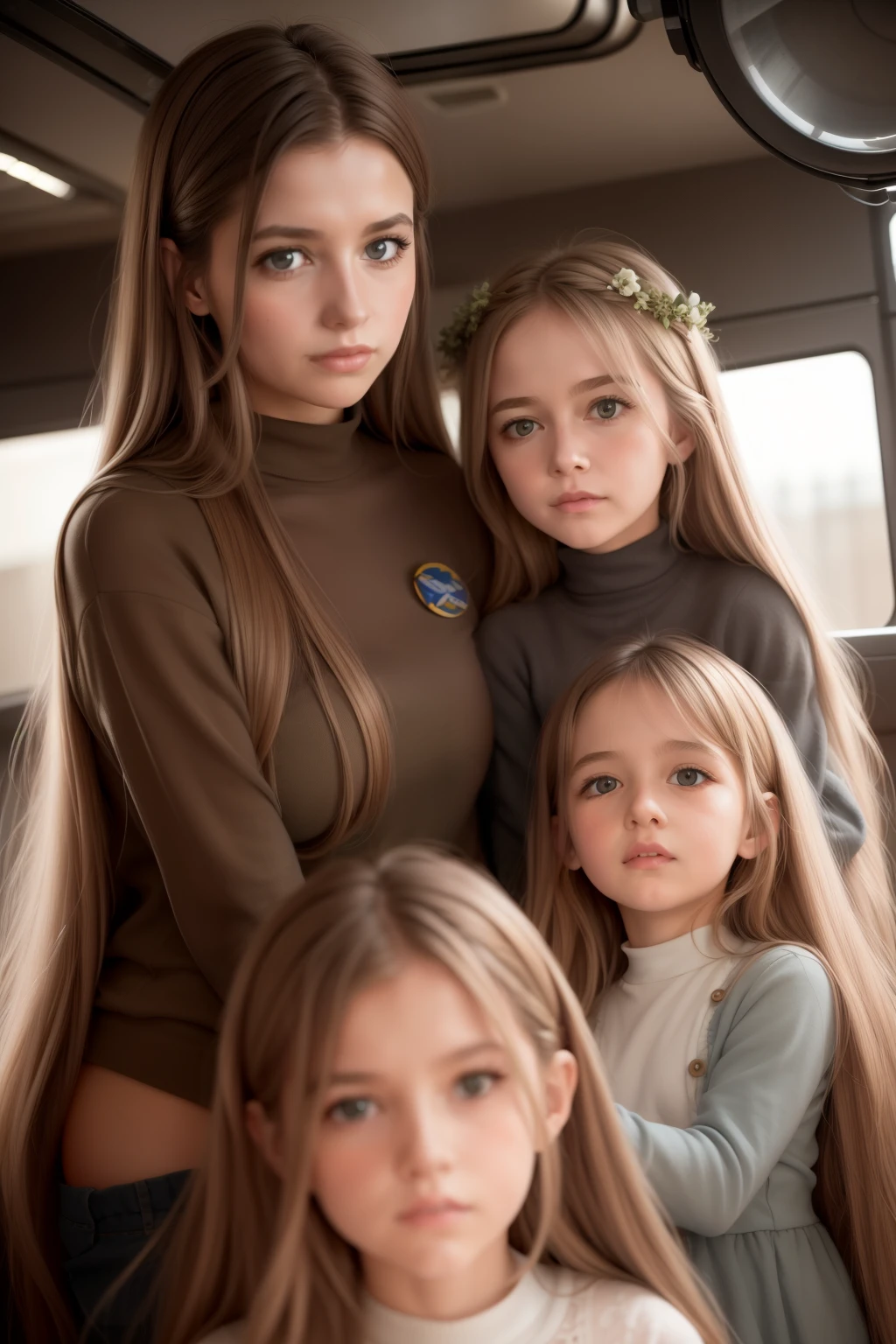 two little girls and a mother in a space station, a  with long blond hair, a  with long brown hair. Mom with long hair and dark green eyes