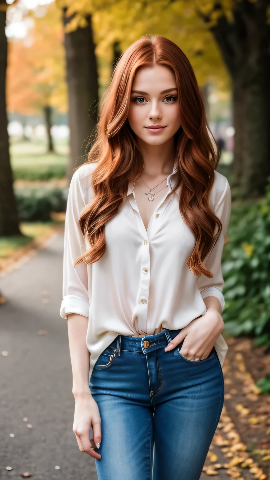 Realistic full body photo of a smiling, Young red-haired woman with long hair, She dances in front of the camera in a long, purple silk shirt and tight white jeans..., Park,glamour fotoshooting, Park, perfect anatomy, perfect green eyes. Perfect hands with 5 fingers on each hand, Matching girl, look into the camera, 1 Frau. (Eye make up:1.1), (highly detailed skin:1.1), spirit, analog style, keen focus, 8K UHD, dslr, good quality, Fujifilm XT3, Grain, Award-winning, masterpiece. Park
