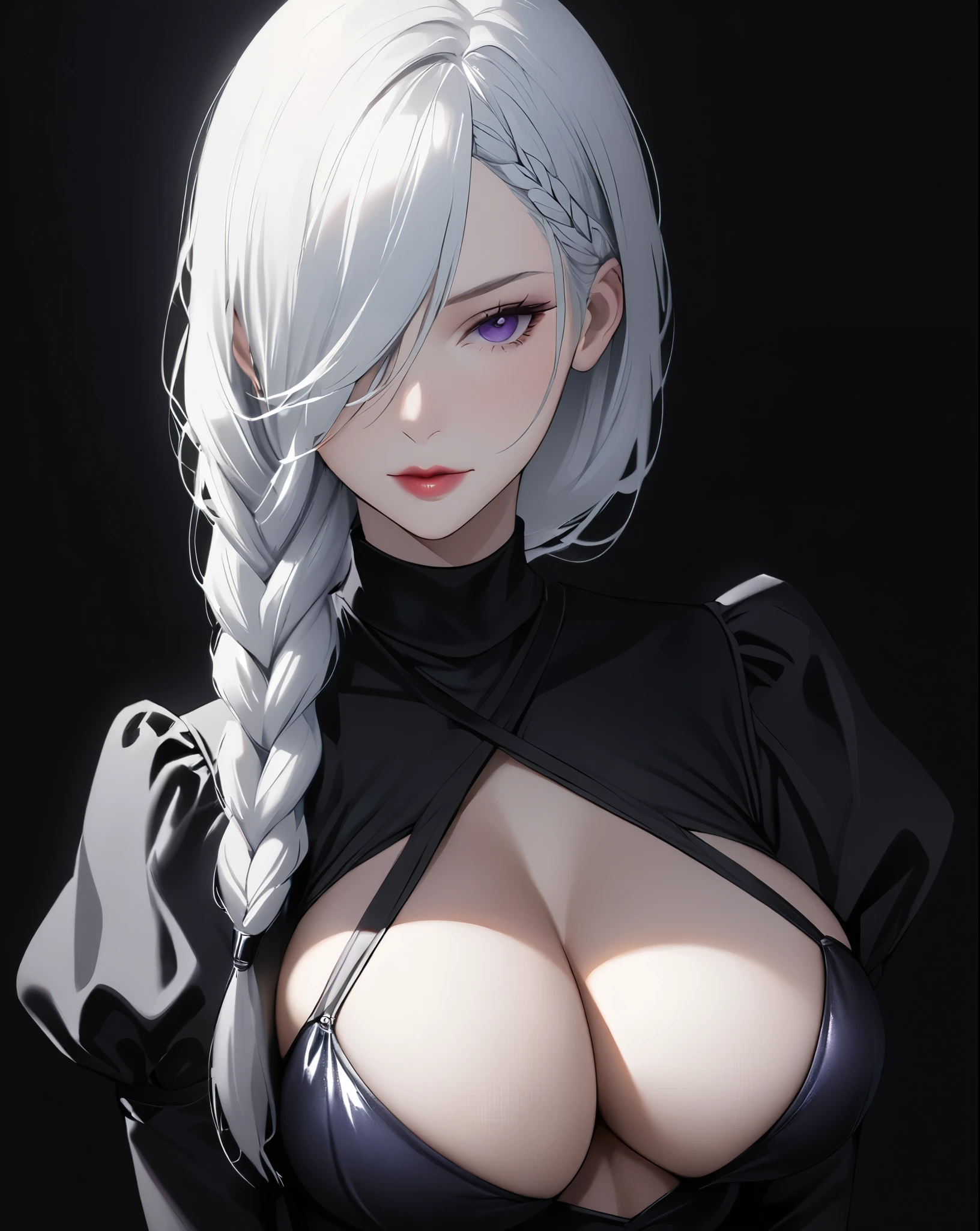 mei mei, long hair, very long white hair, braid, hair over one eye, braided ponytail, ((front braided bangs covering one eye)), purple eyes, black metallic bikini, pinup style, sexy, submissive, minimalist, ((realistic)), lonely, monochromatic black and white color palette, soft lighting, ((submissive)), large breasts, thin, ((solid black background)), ((looking at viewer)), slim, long sleeves, dress, puffy sleeves, black dress, juliet sleeves, turtleneck dress, cleavage,