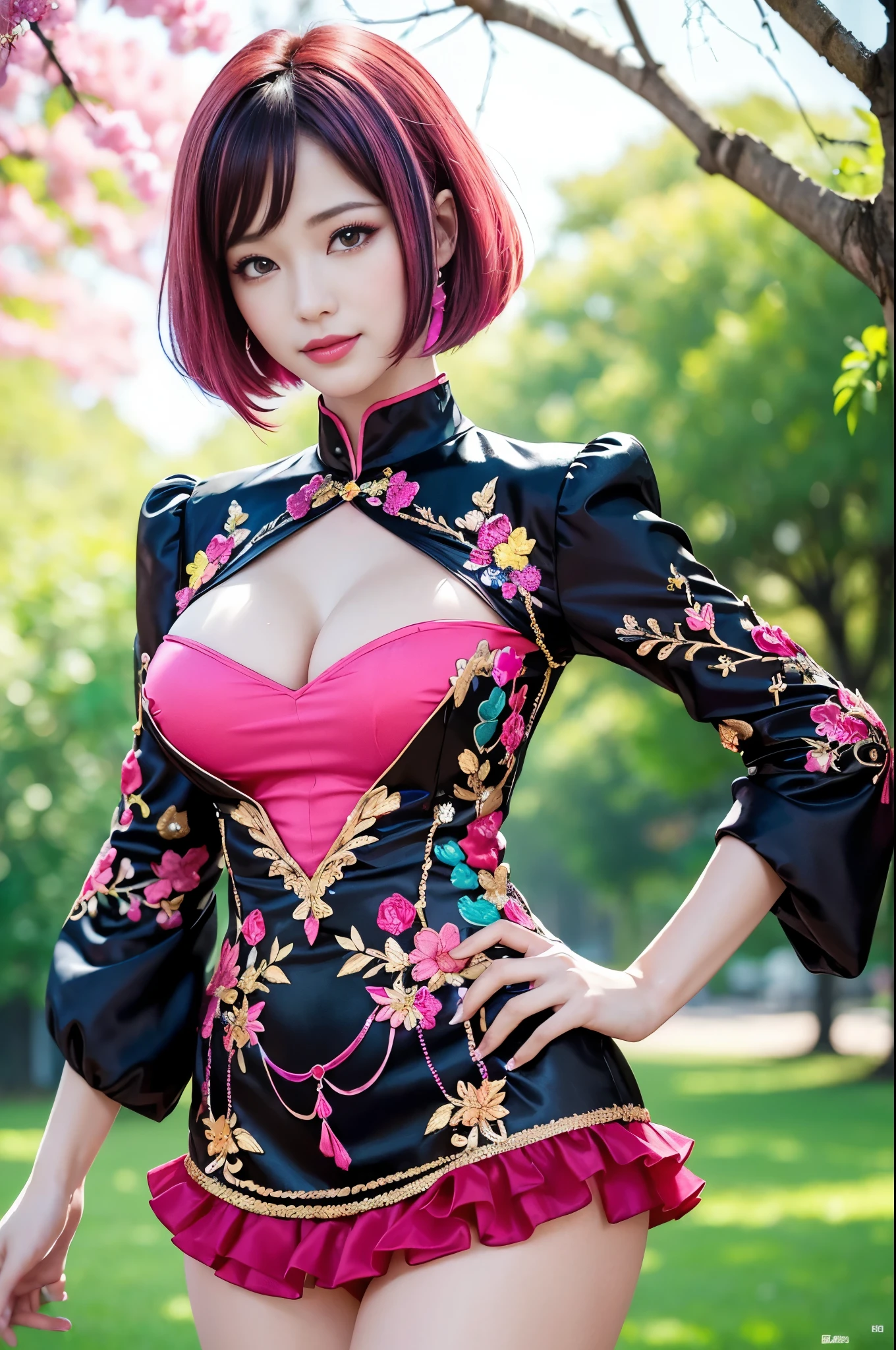 (masterpiece:1.4), (best quality:1.4), ultra high res, ultra high resolution, ((detailed facial features)), HDR, (realistic, photorealistic, photo-realistic:1.37), full body Esbian, sexy Vietnamese model, (-anime), vivid colors, ((vivid colors multicolor (red, pink) very short hair)), (happy smile), lip-gloss, long lashes, ultra detailed metallic makeup, defined eyebrows, wearing large sparkling colorful jewelery, wearing a red silk Paradise Kiss cosplay dress with black floral embroidery, ((vivid colors outfit)), vivid colors, look at the camera, cinematic light, large park background with trees, sweet and sexy pose