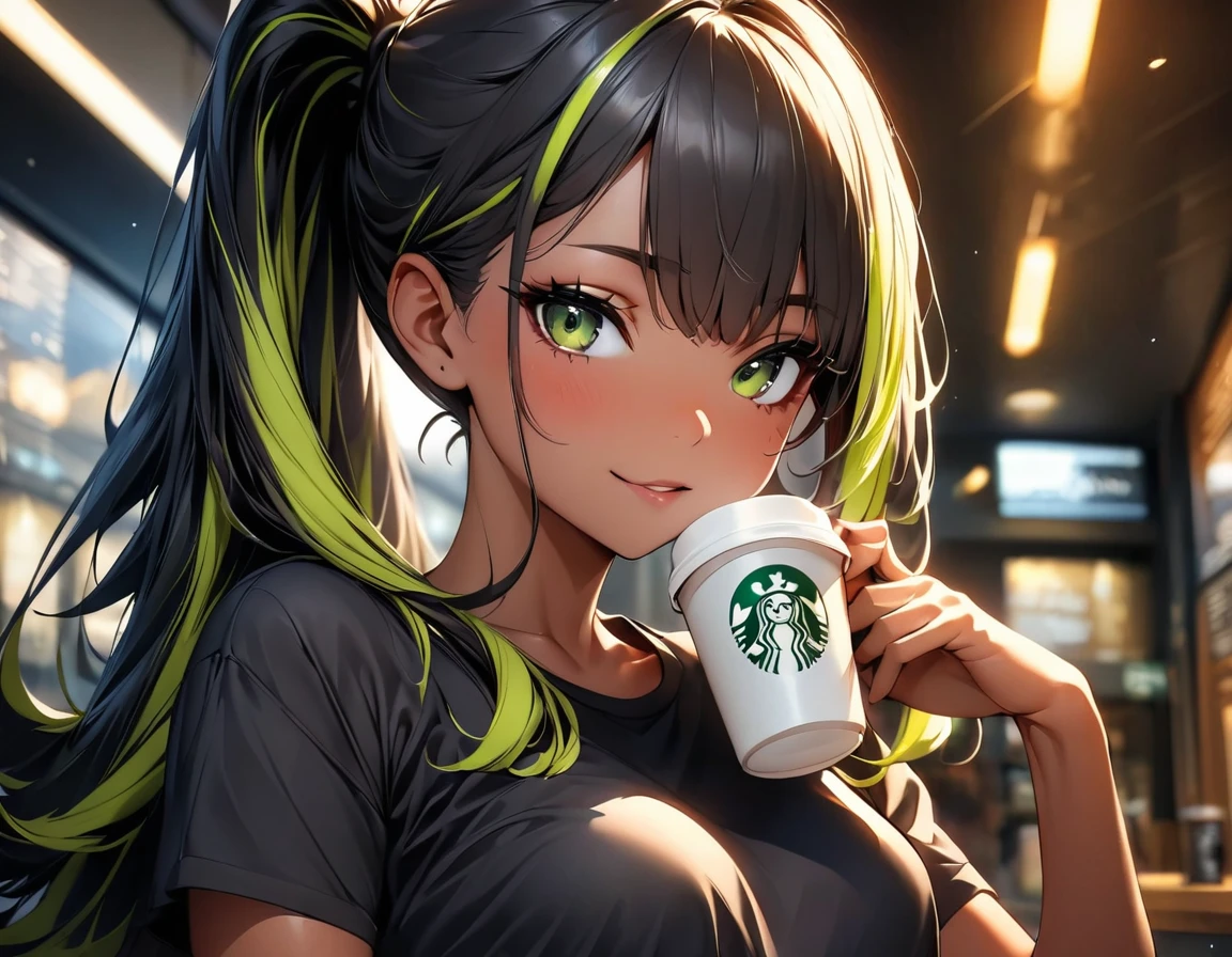 (highest quality:1.2, Very detailed, up to date, Vibrant, Ultra-high resolution, High Contrast, masterpiece:1.2, highest quality, Best aesthetics), Portraiture、girl、((slim:1.5)), Bright colors、Beautiful fine details、Beautiful lip detail、long hair, (ponytail:1.3), white and yellow green ((streaked hair:1.6)), highlights hair: 1.5, (small breast,:1) (tan skin:0.9), drinking coffee:1, in Starbucks, black t-shirt, happy:1.5, look at viewer, cowboy shot