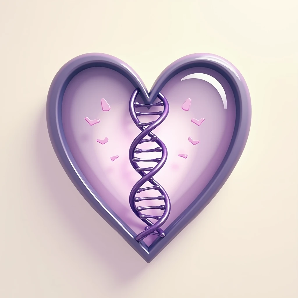 A heart-shaped microscope with DNA coiled in shades of lilac and purple, on a light beige and light green background. minimal style, with fine and elegant lines.