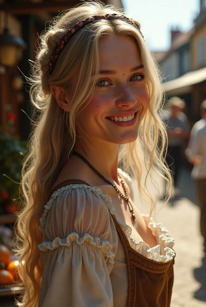 (realistic:1.3), finely detailed, quality, rembrandt lighting, (masterpiece:1.2), (photorealistic:1.2), (best quality), (detailed skin:1.3), (intricate details), dramatic, ray tracing, 1girl, 2, detailed skin texture, (blush:0.5), (goosebumps:0.5), subsurface scattering, smiling, medium breasts, aamarry, long hair, blonde hair, red eyes, hairband, hair ribbon, dress, key necklace, apron, frilled apron, cowboy shot, (bright sunny day, village, outdoors, market, fresh produce)