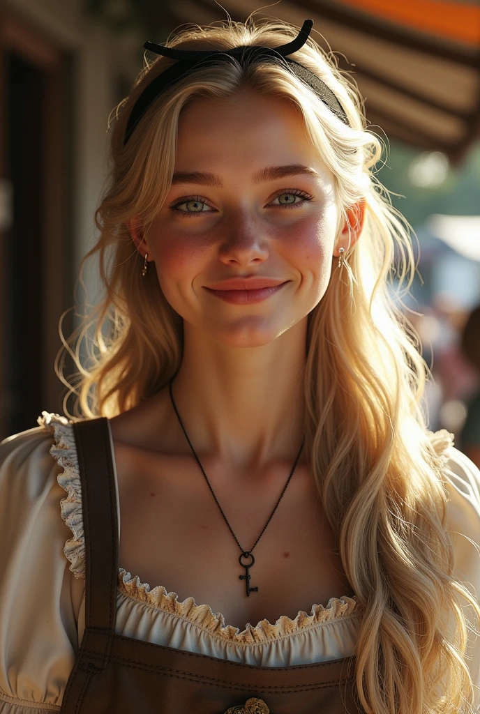 (realistic:1.3), finely detailed, quality, rembrandt lighting, (masterpiece:1.2), (photorealistic:1.2), (best quality), (detailed skin:1.3), (intricate details), dramatic, ray tracing, 1girl, 2, detailed skin texture, (blush:0.5), (goosebumps:0.5), subsurface scattering, smiling, medium breasts, aamarry, long hair, blonde hair, red eyes, hairband, hair ribbon, dress, key necklace, apron, frilled apron, cowboy shot, (bright sunny day, village, outdoors, market, fresh produce)