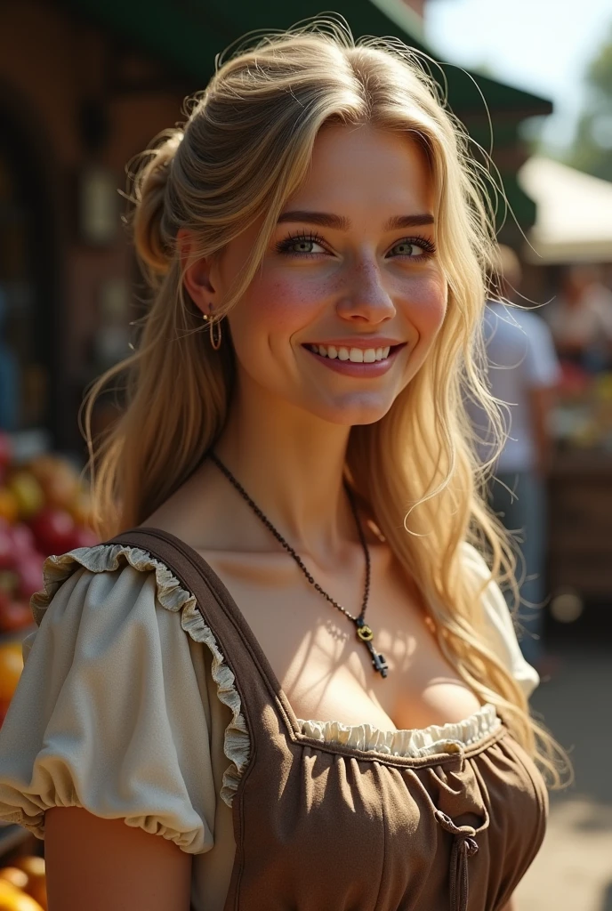 (realistic:1.3), finely detailed, quality, rembrandt lighting, (masterpiece:1.2), (photorealistic:1.2), (best quality), (detailed skin:1.3), (intricate details), dramatic, ray tracing, 1girl, 2, detailed skin texture, (blush:0.5), (goosebumps:0.5), subsurface scattering, smiling, medium breasts, aamarry, long hair, blonde hair, red eyes, hairband, hair ribbon, dress, key necklace, apron, frilled apron, cowboy shot, (bright sunny day, village, outdoors, market, fresh produce)