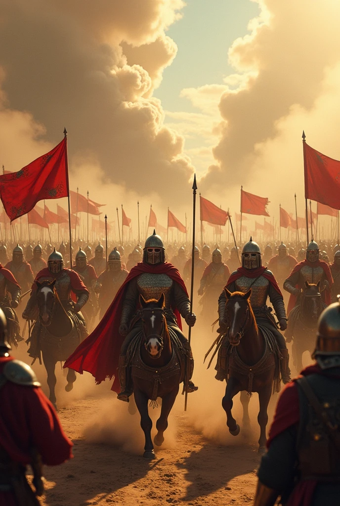 The Battle of Hattin, showing Sultan Salah al-Din's forces decisively defeating the Crusader army in a dramatic and intense battle scene."
