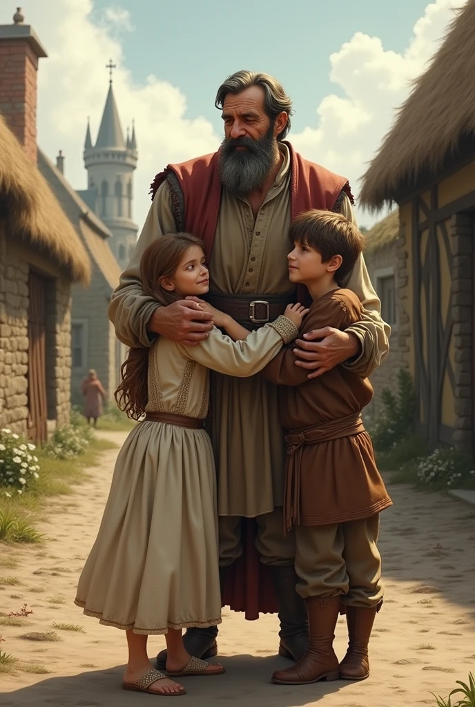 father with his daughter and son in the middle ages hugging each other
