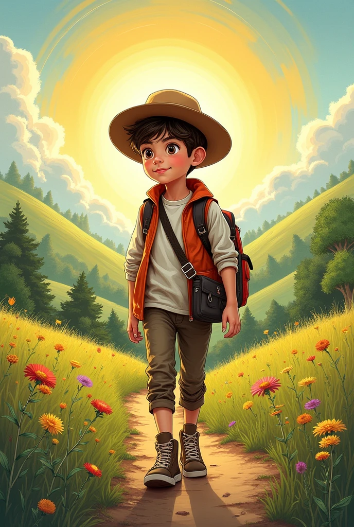 Drawing of a boy with a cross-body bag, with hat, in long trousers under a radiant sun in the countryside