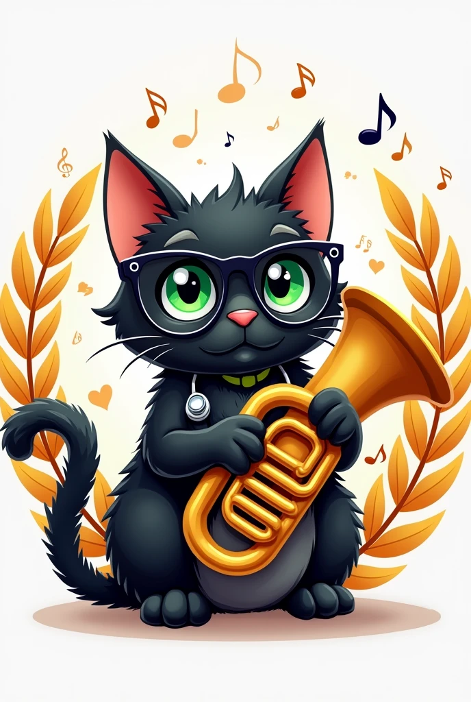 I want a logo with a cute, chubby, black cat with green eyes and shiny black glasses and crystals that plays a tuba and also has a stethoscope and on the sides there are very realistic, shiny golden laurels and a white coat with musical notes.