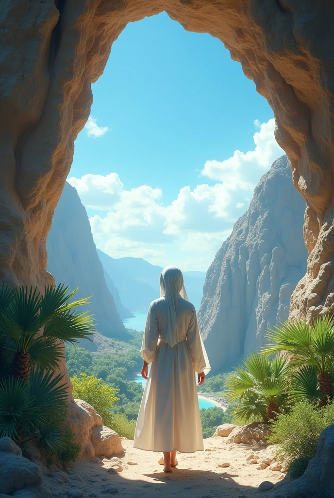 There is a mountain, cave, some date palm, green land , blue sky , a white women who is covered by wide islamic dress and cabutured from back side , th women is walking toward the background