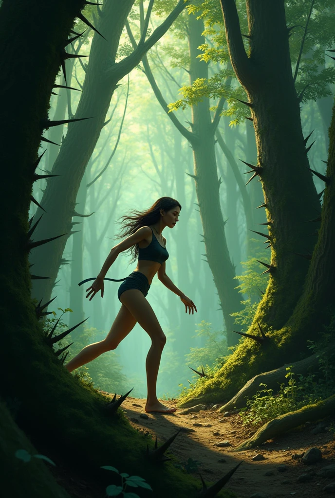 make a person dodging thorns in a forest, the thorns are on the tree trunks and on the ground, the person tries not to step on them