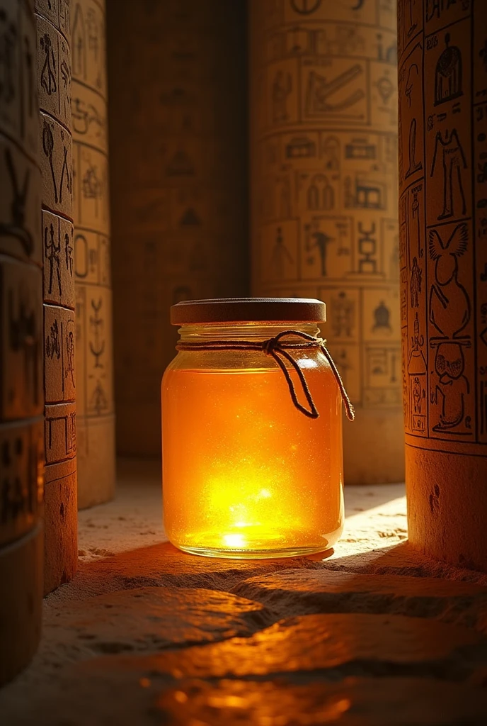 Honey in an ancient Egyptian tomb: A jar of golden honey preserved in a dimly lit, ancient Egyptian tomb, surrounded by hieroglyphs and artifacts.