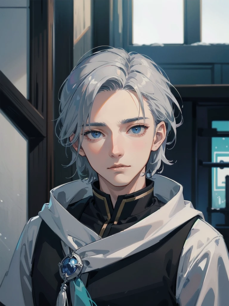 ((Highest quality)), ((masterpiece)), (detailed), Blue-gray hair、straight short、Grey Eyes、Knights of the North、Snow Mountain、noble、Tall and muscular、1 person、Silent and expressionless、Handsome