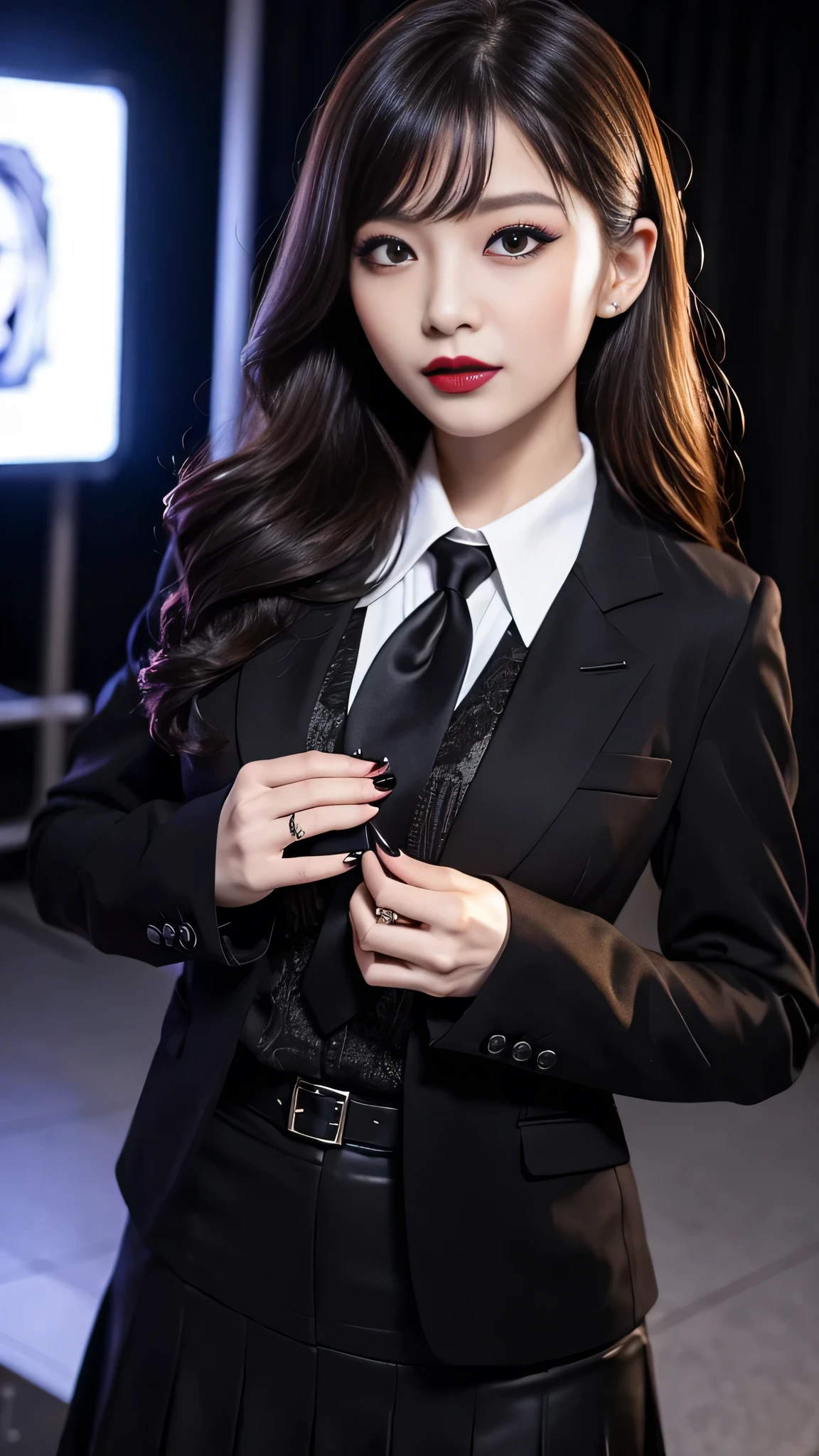 best quality、ultra-detailed、4k、Japanese、Seductive beauty、seductive adult woman、Pretty Woman、cool girl、Villainess、Fallen into evil、smirk、Evil look、Wicked Smile、evil、Brown hair、wavy hair、swept bangs、brainwash makeup、dark makeup、piercing eyes、hollow eyes,half-closed eyes、Hollow Eyes、purple Eyeshadow、black lipstick、black lipglos、office staff suit、suit、Jacket、Black sleeves、White Shirt、Black Ribbon、Tight Skirt、night、inside darkroom、Are standing、shoot from below、Have lipstick、Emblem of Evil、Crest of Darkness、Swear allegiance、I have pledged my allegiance、Dye black、Blackening、Stained with evil、Dyed in darkness、Seduce