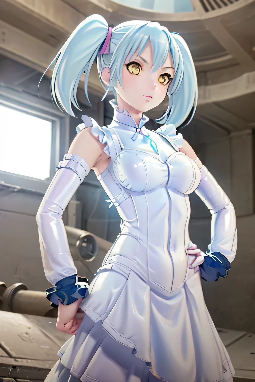 Perfect Anatomy　Highest quality,Highest Resolution,(((White latex dress　Light blue hair)))　[blurry　tank]　16K　Removable sleeves　Sleeveless dress　Yellow Eyes　Advance Wars Tabitha