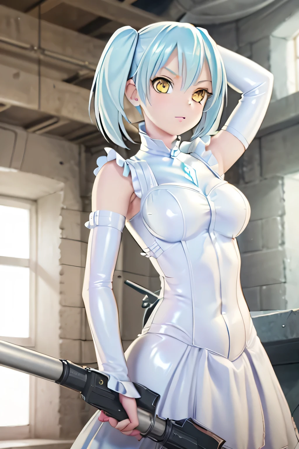 Perfect Anatomy　Highest quality,Highest Resolution,(((White latex dress　Light blue hair)))　[blurry　tank]　16K　Removable sleeves　Sleeveless dress　Yellow Eyes　Advance Wars Tabitha