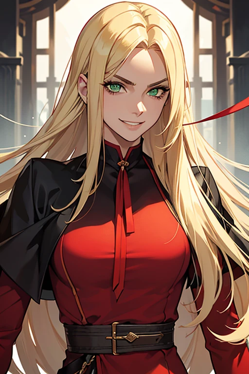 Young woman, blonde, long hair, shaved temple, green eyes, harmful character, aggressive, Resists, leash on the neck, A glance from under the brow, bares his teeth while smiling slightly, athletic body, revealing black and red clothes, reflective fabric, a man&#39;s hand touches her tenderly