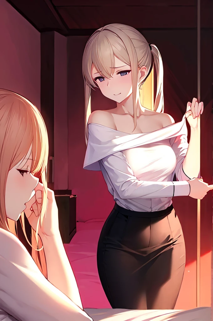 erotic、Kantai Collection　Graf、tall、 mature, Married women, White cutter shirt、Pencil Skirt、Office Lady、Off the shoulder、, Pink and black background, Pitch-dark bedroom, Dark Theme, evil, lure, excited, Condescending contempt, Lightly open your mouth、Sexy pose,