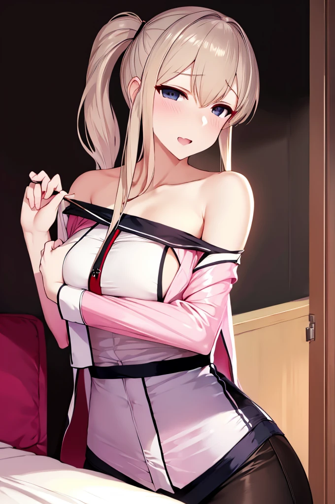 erotic、Kantai Collection　Graf、tall、 mature, Married women, White cutter shirt、Pencil Skirt、Office Lady、Off the shoulder、, Pink and black background, Pitch-dark bedroom, Dark Theme, evil, lure, excited, Condescending contempt, Lightly open your mouth、Sexy pose,