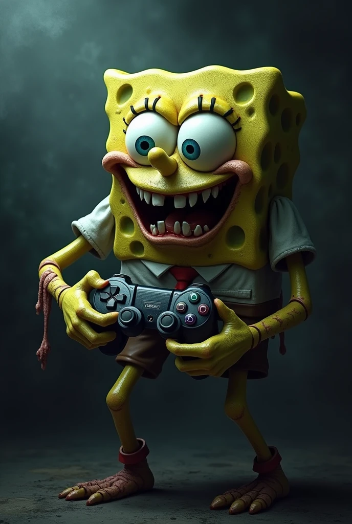 SpongeBob looking horror holding a game controller 
