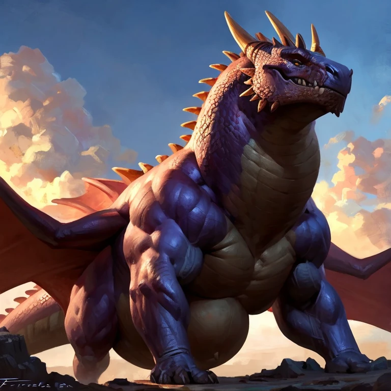 Detailed painting, by Taran Fiddler, closeup, outlook view, wide angle, dragoness, full body, feral, dainty, friendly, colorful, rounded snout, wings, pregnant-like belly, round belly, dominant belly, huge belly, bloated belly, big muscles, wide body, thick body muscles, powerfull muscles, beefy muscles, thick neck, beefy neck, tall, voracious, glutonous, enormous, giant, gigantic, colosssal size, gargantuan, kaiju, powerfull look, badass look, looking at viewer
