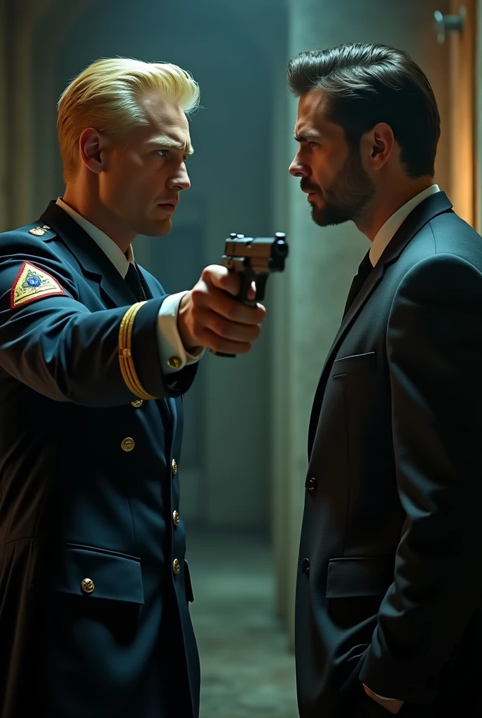 A blond man in a military uniform pointing a gun at a tall man with black hair