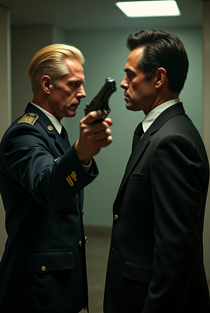 A blond man in a military uniform pointing a gun at a tall man with black hair