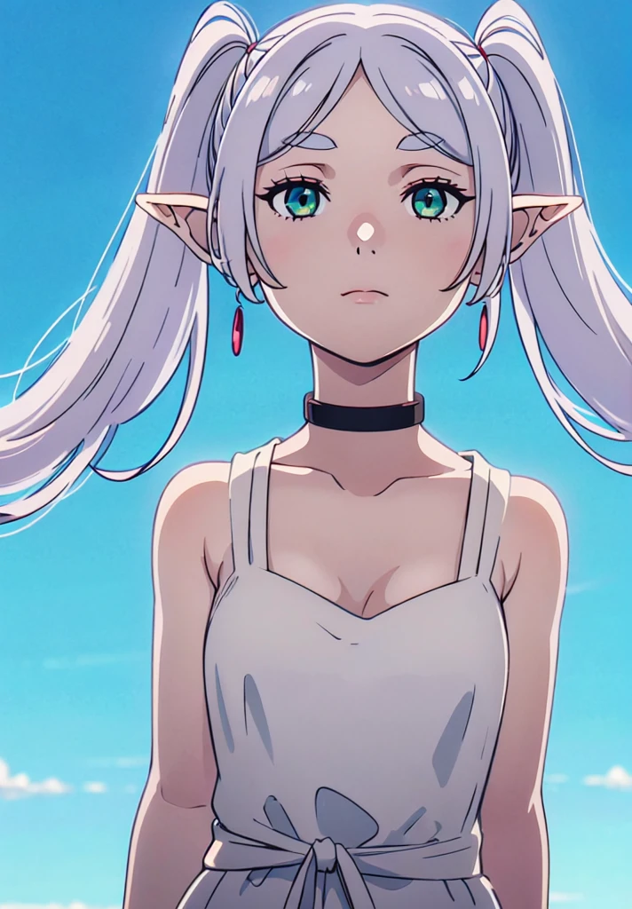 1girl, solo, elf, white hair, grey hair, earrisleeveless dress, white dress, sleeveless dress, bare shoulders, collar bone, ngs,pointy ears, long hair, ponytail, green eyes, twintails, parted bangs, thick eyebrows, nsfw, small breasts, cleavage, arms behind back, 20yo,Young female, Beautiful Finger, Beautiful long legs, Beautiful body, Beautiful Nose, Beautiful character design, perfect eyes, perfect face,expressive eyes, looking at viewer, official art, extremely detailed CG unity 8k wallpaper, perfect lighting, Colorful, Bright_Front_face_Lighting, shiny skin,  (masterpiece), (best_quality), ultra high res, 4K, ultra-detailed, photography, 8K, HDR, highres, absurdres, Kodak portra 400, film grain, blurry background, bokeh, lens flare, (vibrant_color), (beautiful_face:1.5), (narrow_waist), Exquisite visuals, high-definition,masterpiece,best quality, ((upper body))