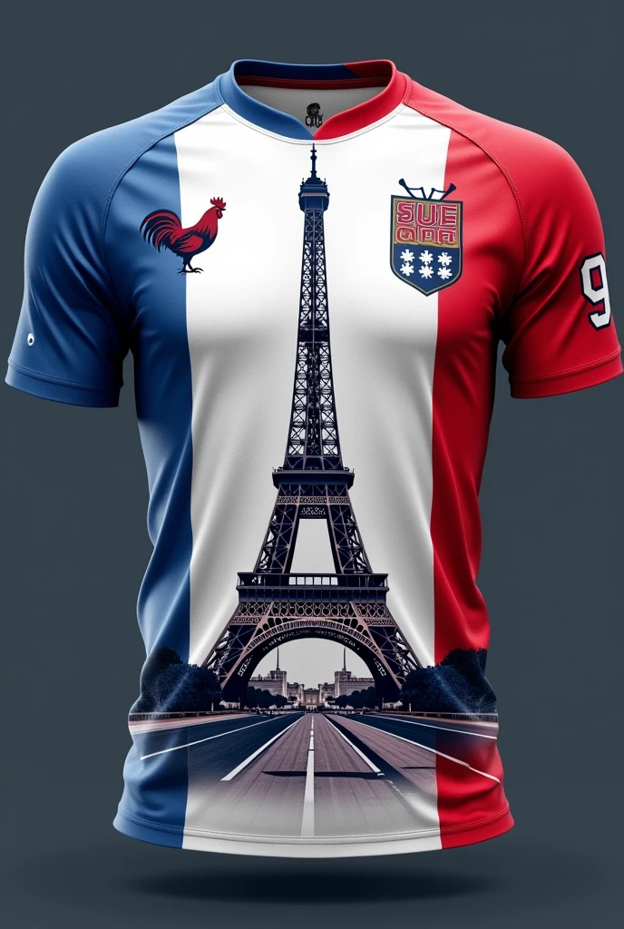 Make me a sports shirt from France of the wonder of the world, the Eiffel Tower, with the dorsal number on the right chest of the shirt and the rooster on the left chest of the shirt.